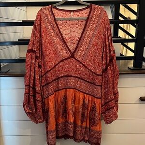 Free People Red and Orange Patterned Mini Dress